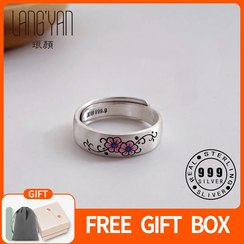 

Langyan 999 Sterling Silver Ring Jewelry for Women Chinese Style Enamel Plum Blossom Finger Rings Adjustable JZ184