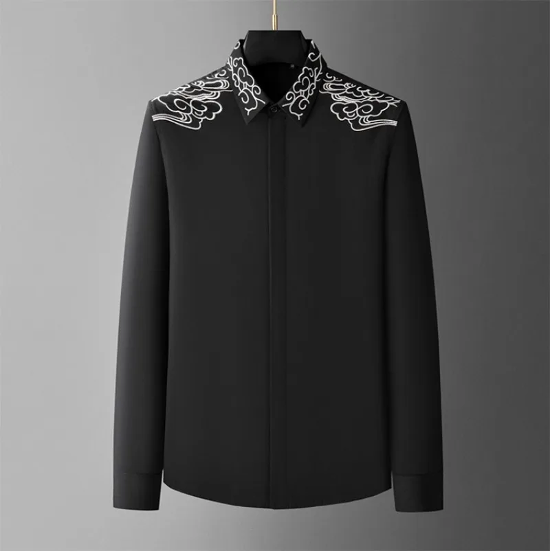 Luxury Chinese-style Embroidered Long-sleeved Shirt for Men Slim Fit Business Casual Social Shirt Banquet Party Dress Shirts