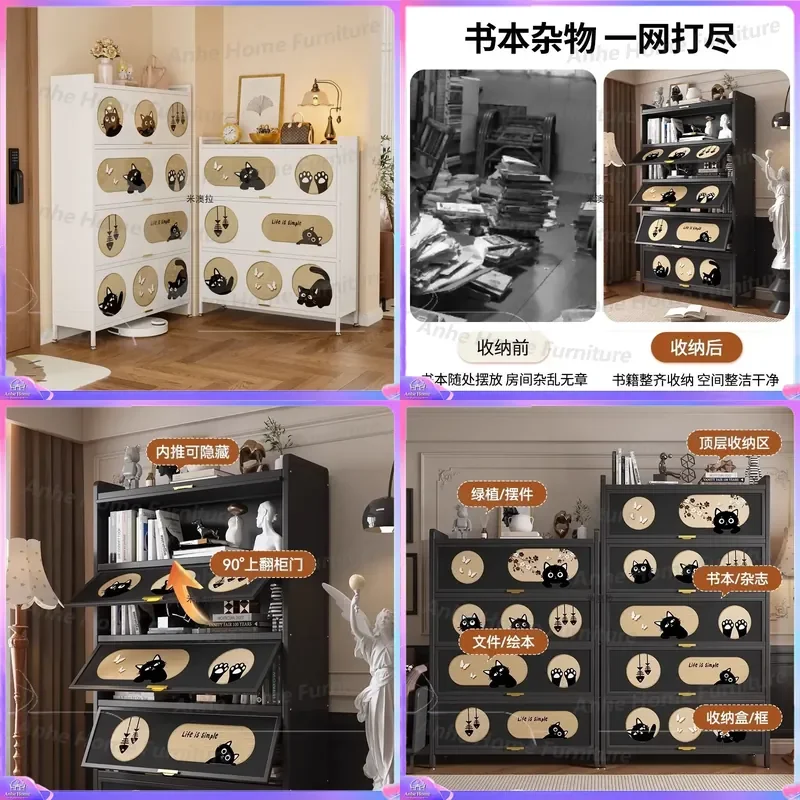 Black Steel Bookcase with Cat Print Large Capacity Storage Cabinet Dustproof Display Shelf for Living Room Bedroom Kids Home