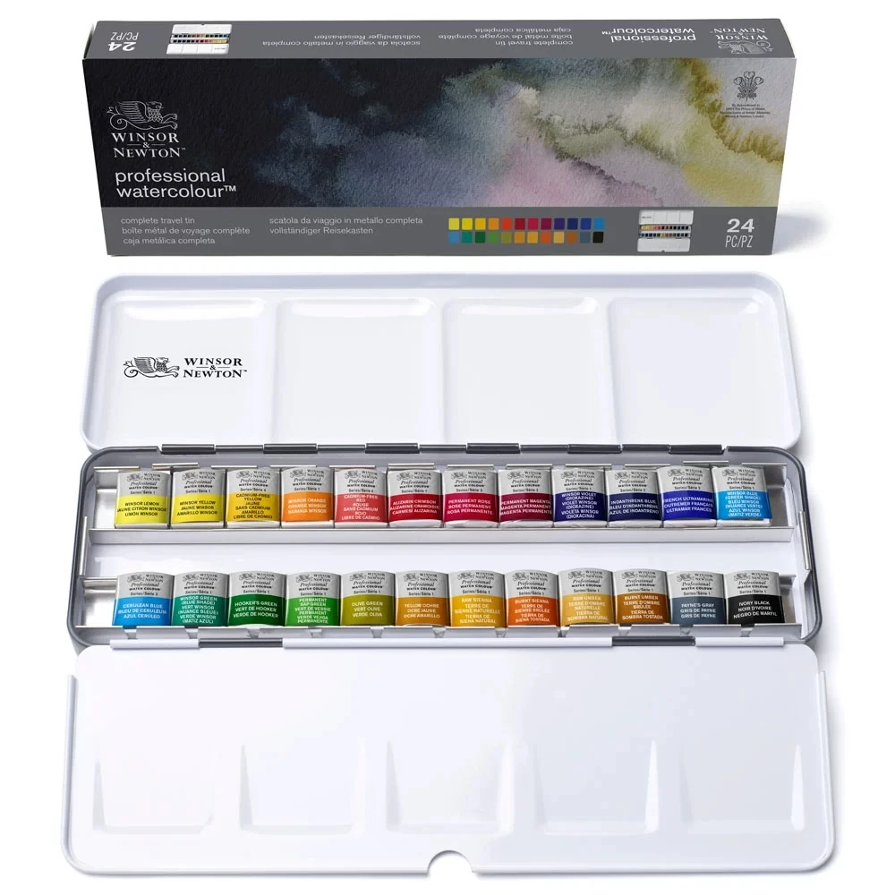 Winsor&Newton Artist Professional Watercolor Lightweight Metal Box 24 Half Pans Color Field Pocket Set Watercolor Palette Brush