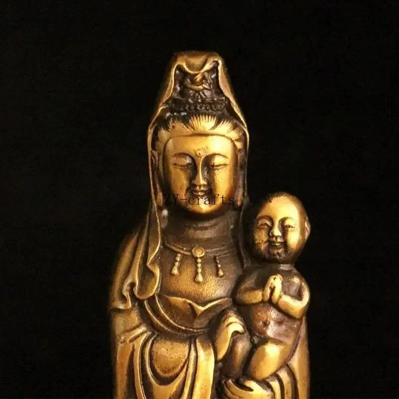 Feng Shui Guanyin Bronze Copper Statue of Buddha Standing Holding The Child Bodhisattva Home Living Decoration Crafts