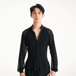 New Latin Dance Performance Costumes For Men Lantern Sleeve Splicing Shirts Chacha Rumba Tango Dress Latin Dance Tops DQS15109