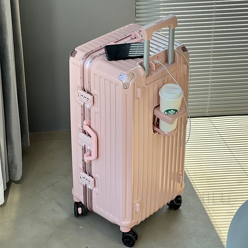 New Large Capacity Student Travel Suitcase Female Aluminum Frame Luggage Carrier 24 '28' inch Password Suitcase Cup Holder Brake