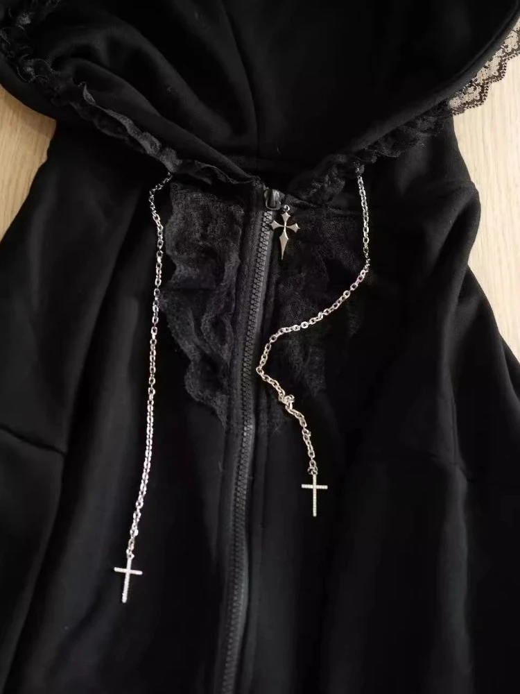 2000s جميل Harajuku عادية فضفاض كم طويل زمم هوديي المرأة Y2k لون نقي مقنعين البلوز ثقافة فرعية معطف الشتاء شيك