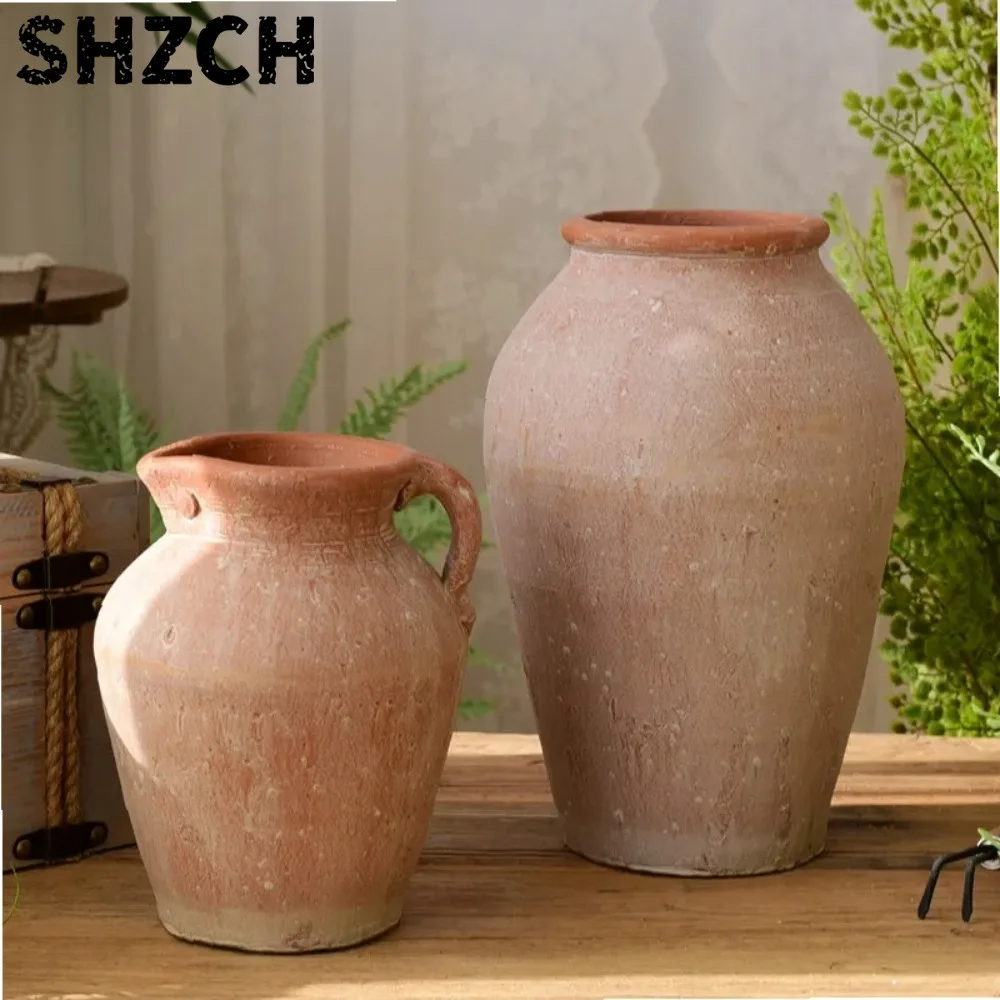 Retro-Tontopf mit großem Durchmesser, poröse Keramik-Blumenvase, Pflanzentöpfe, schlichte rote Ton-Trockenblumentöpfe, Heimdekoration