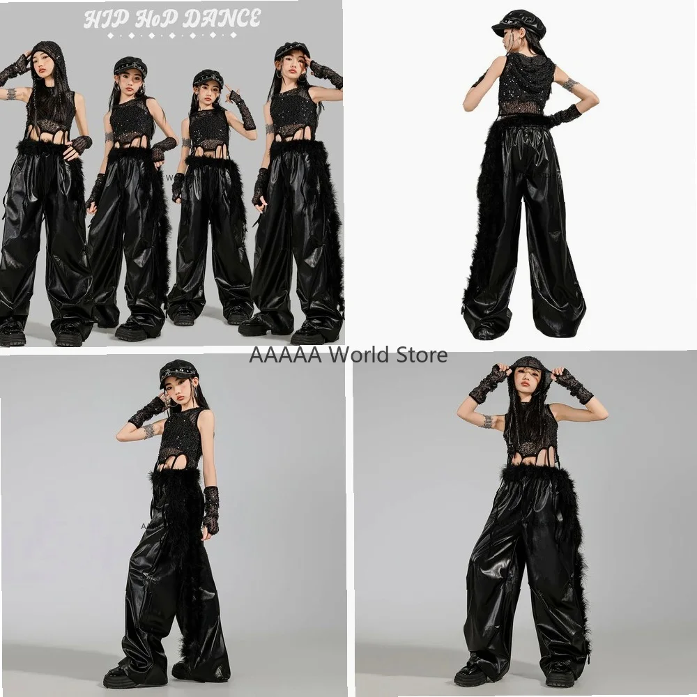 

Kids Kpop Streetwear Set Girls Hip Hop Sequin Crop Hoodie Cargo Pants Cosplay Dance Costume Jazz Girl Group Clothes