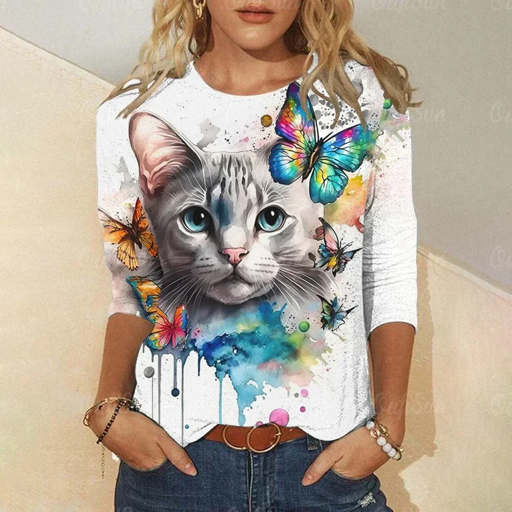 S~5XL 2024 new Plus Size Cute T-shirt, Women\'s Plus 3D Cat＆dog Print Short Sleeve Round Neck Slight Stretch Top