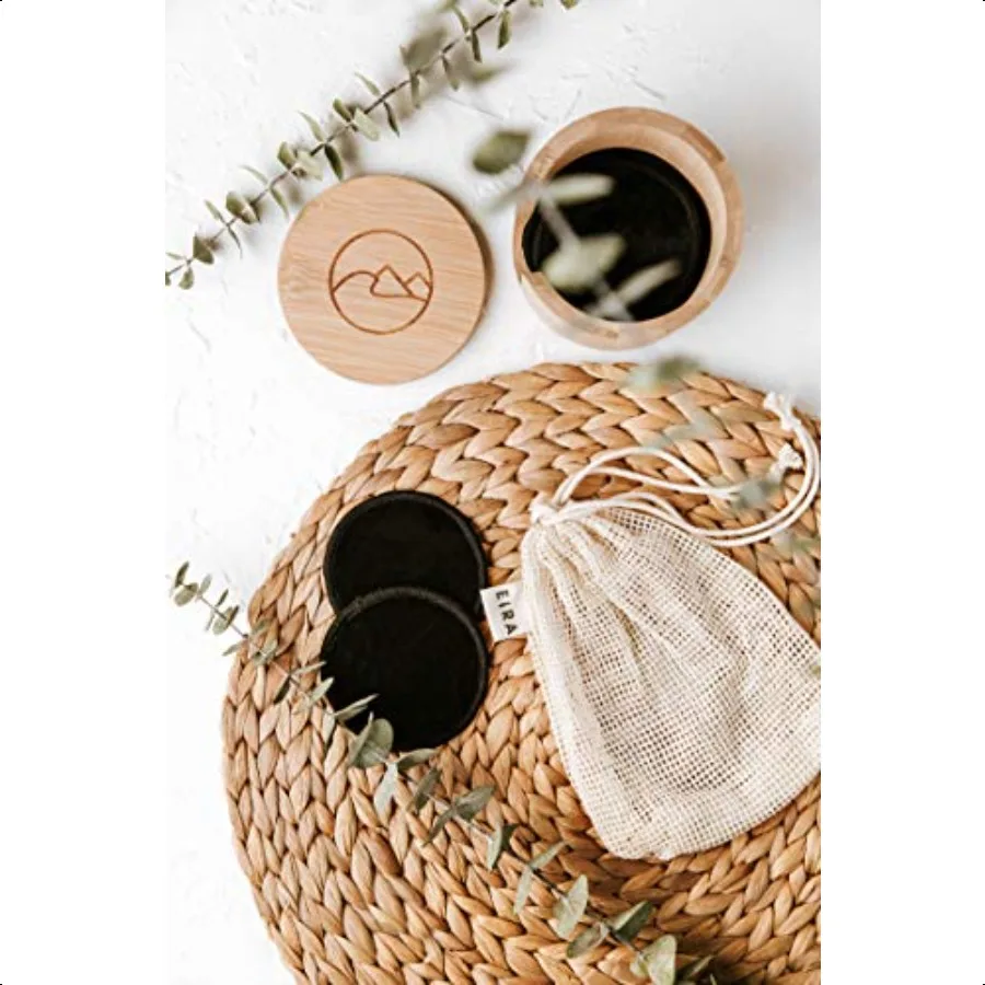 EIRA's Washable Makeup Remover Pads Black Bamboo Reusable Cotton Rounds with Wooden Holder. Makeup Remover Cloths EcoFriendly Z