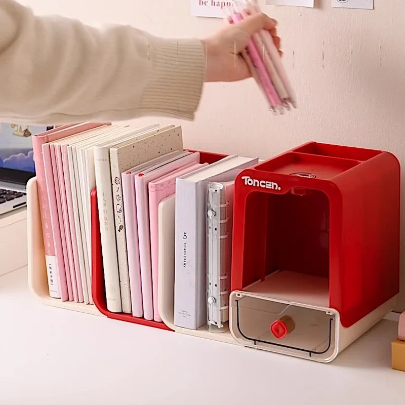 Modular Desk Bookend Organizer with Drawer Pen Holder File Storage Desktop Shelf for Office Dorm Study Books Stationery