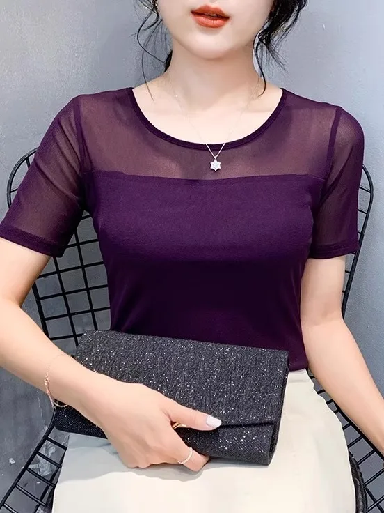 Summer New round Ne ort Sve Me Base irt Sexy Dance Inner Wear Slimming  Color Top Thin T-irt Casual Sle