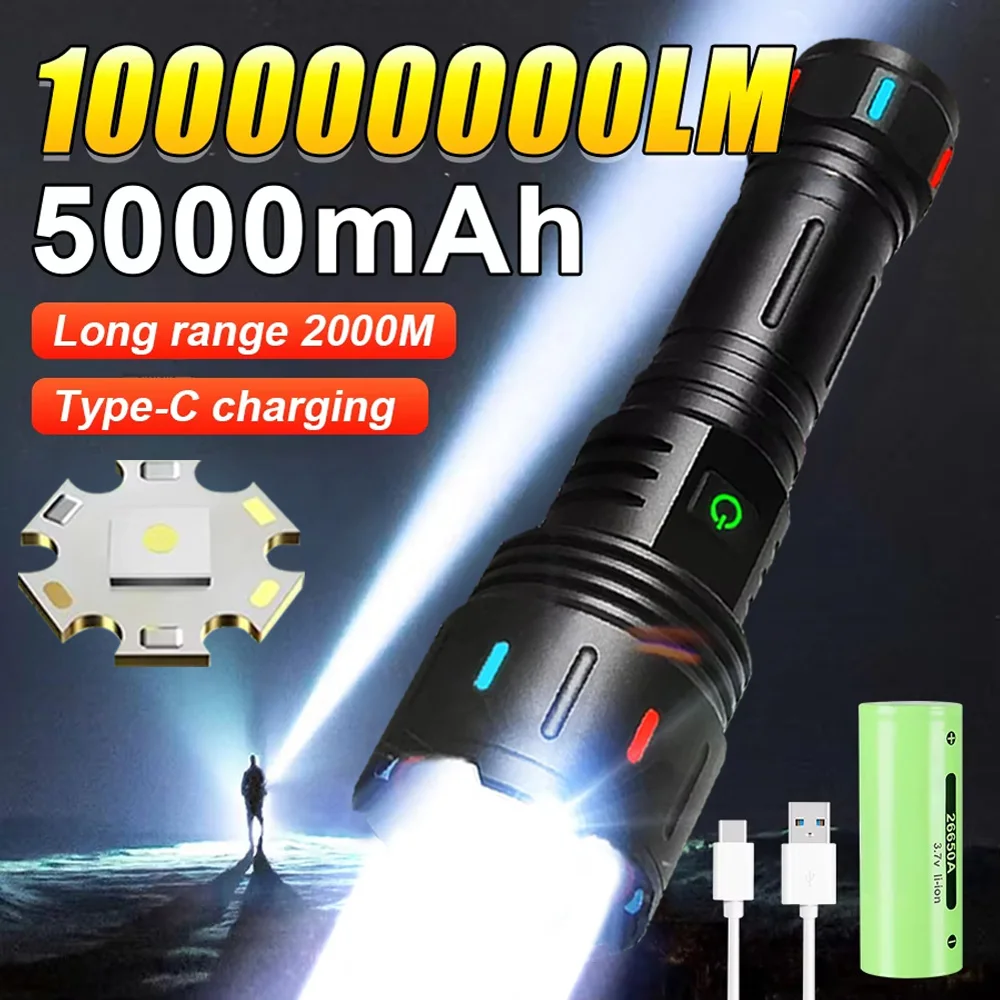 

1000000lm Most Powerful Led Flashlight Rechargeable Type-c Flashlight Long Range Military Tactical Lantern Camping Outdoor Torch