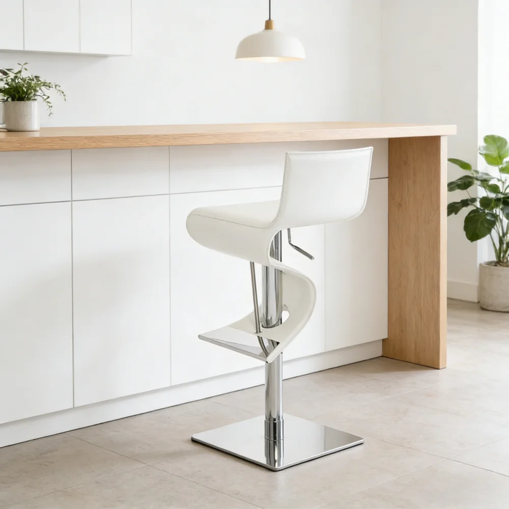 

%J Italian Leather Bar Stool Modern Adjustable Height S-Shape High Chair with Metal Base for Cafe Counter & Home Bar