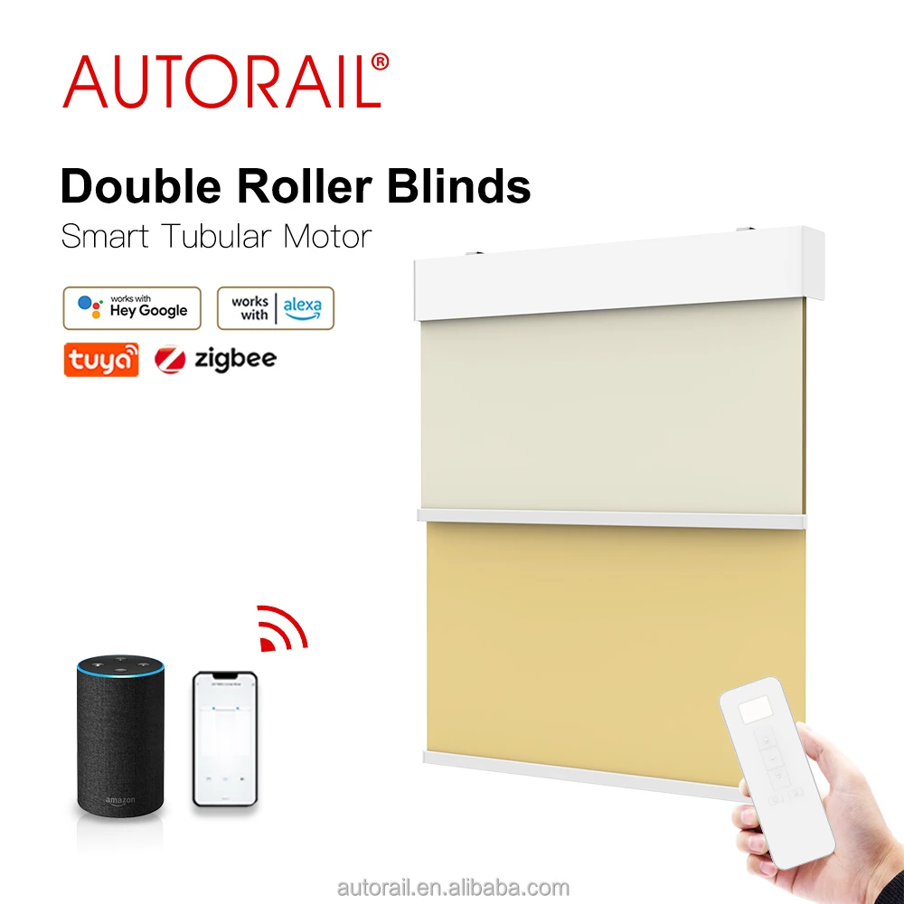 AUTORAIL Electric  Double Roller Shades Hotel Blinds Smart Curtain Motorized  Blinds Roller