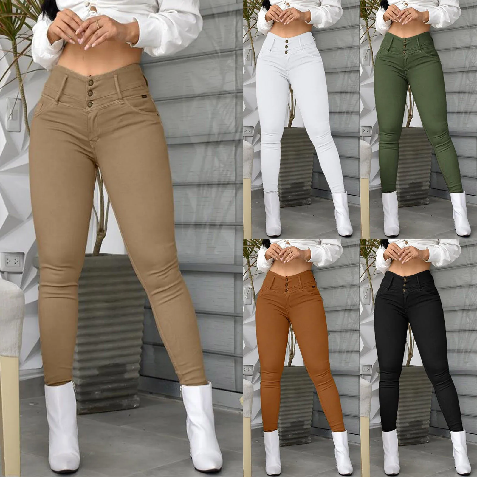 

Women's Fashion Vintage High Waisted Single Breasted Skinny Trousers Spring Solid Colour Slim Casual Long Pants With Pockets