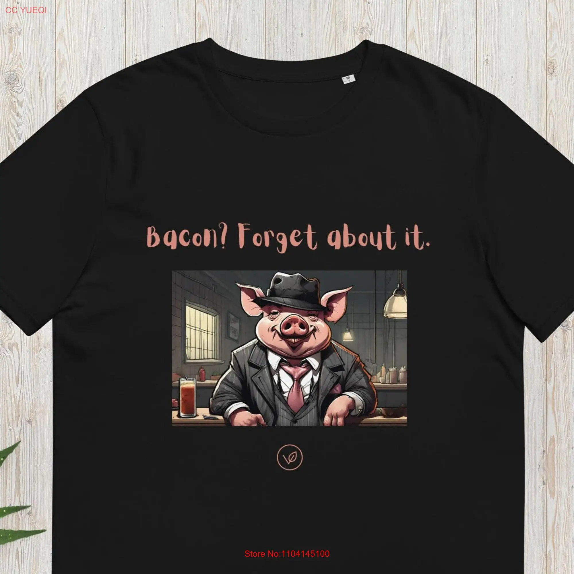 Camiseta vegana sin bacon con cerdo mobster hecha de algodón orgánico ecológico, manga larga o corta