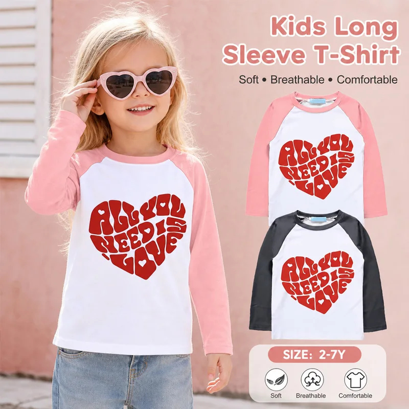 Little Hand Kids Raglan Long Sleeve T-Shirt Heart Print Tops Cute Kids Graphic  Casual Tee for Girls Boys 2-7Y Valentine Gift