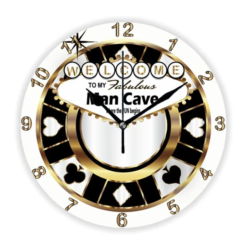 Luxury Metallic Gold Las Vegas Man Cave Game Wall Clock for Casino Poker Roulette Large Wall Watch Round Home Room Decor Gift