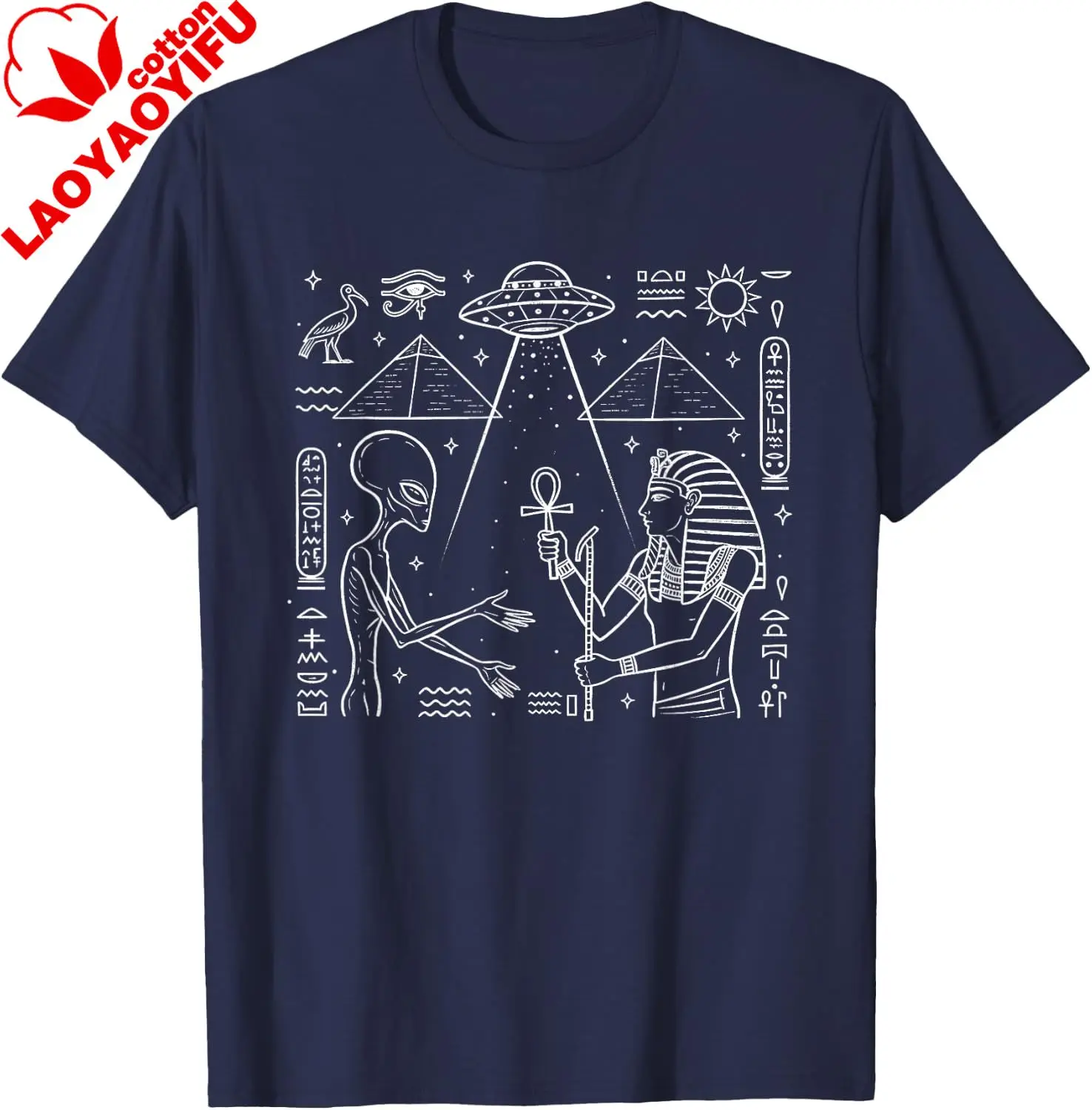 Alien & Ancient Egyptian Pyramid UFO Conspiracy Theory T-Shirt Men's and Women's 100% Cotton Short-Sleeved Shirt  Graphic Tee