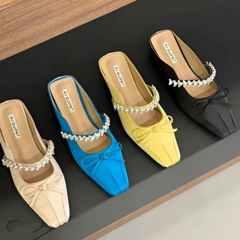 Zapatillas con lazo de cristal para Mujer, zapatos planos, sandalias con punta cuadrada, verano 2025, nueva tendencia, zapatos Marie Jane, tacones bajos de diseñador para Mujer