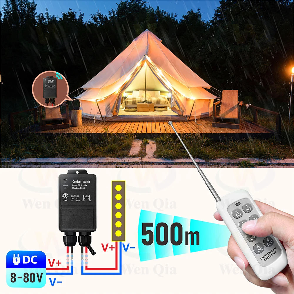 Luz de Control remoto inalámbrico de 433Mhz/interruptor de bomba DC 12V 24V 36V 48V 72V 30A relé impermeable de alta potencia rango de Control de 500 metros