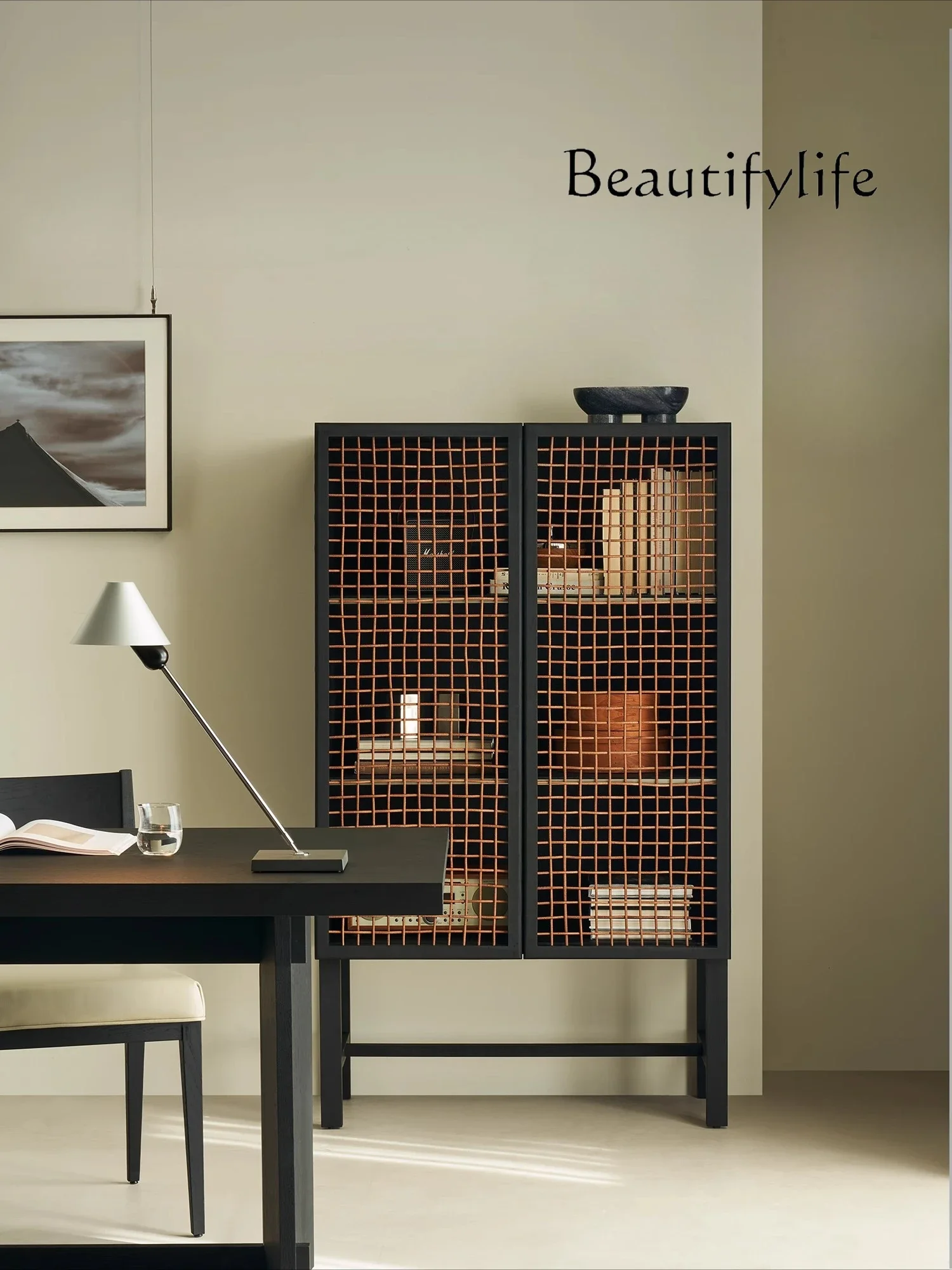 V Gu Side Cabinet Floor-to-ceiling Cowhide Rattan Living Room Home Wabi Side Storage Bedroom Storage Cabinet