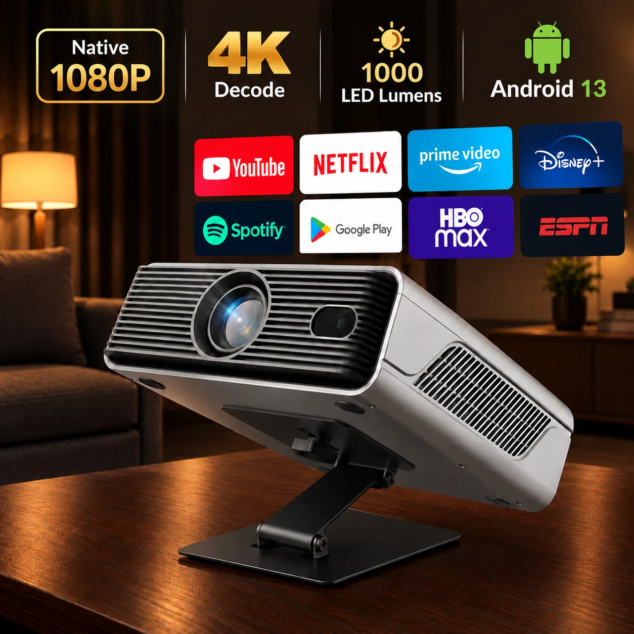 Auto Focus Keystone Correction Projector - ネイティブ1080P、4K対応、Android 13搭載、オートフォーカス、ワイヤレスミラーリング、Amlogic T950Sプロセッサ、Wi-Fi 5G、Bluetooth 5.0、自動台形補正機能を備えたスマートプロジェクター。