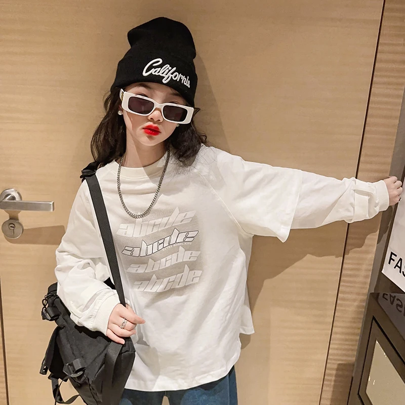 Cool teen Girls Tops Sweatshirt Letter Pattern Long Sleeve O-Neck Pullover Kids Casual Loose Hoodie Cotton Childrens Clothes