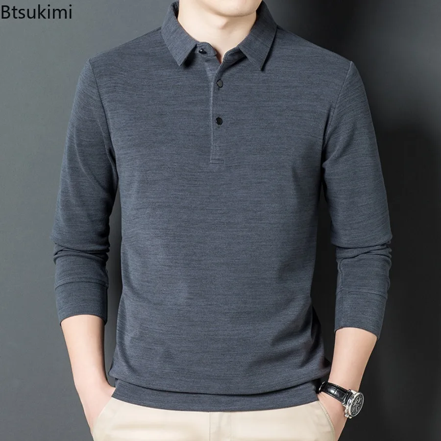 

New 2024 Men's Thick Long Sleeve Shirts Autumn Winter Casual Warm Lapel Pullover Tops Men Solid Slim Business Social Polo Shirts