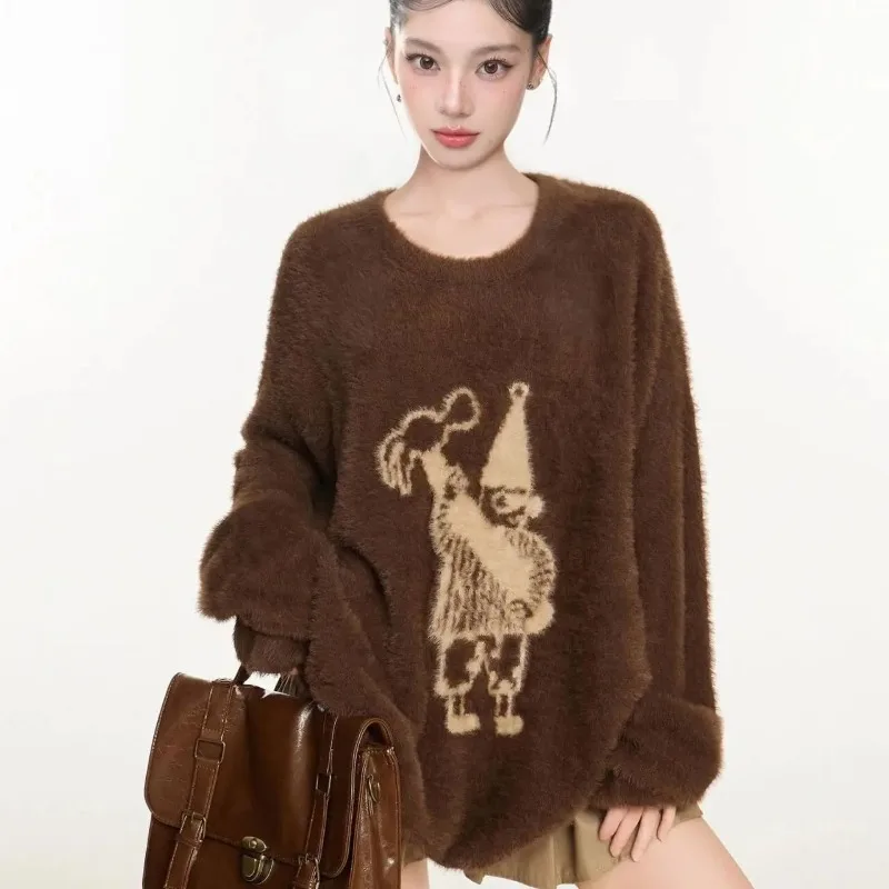 Meilad Tone Women Crew Neck Faux Mink Fur Knit Sweater Autumn Winter Lazy Loose Cartoon Figure Jacquard Casual Pullover Tops