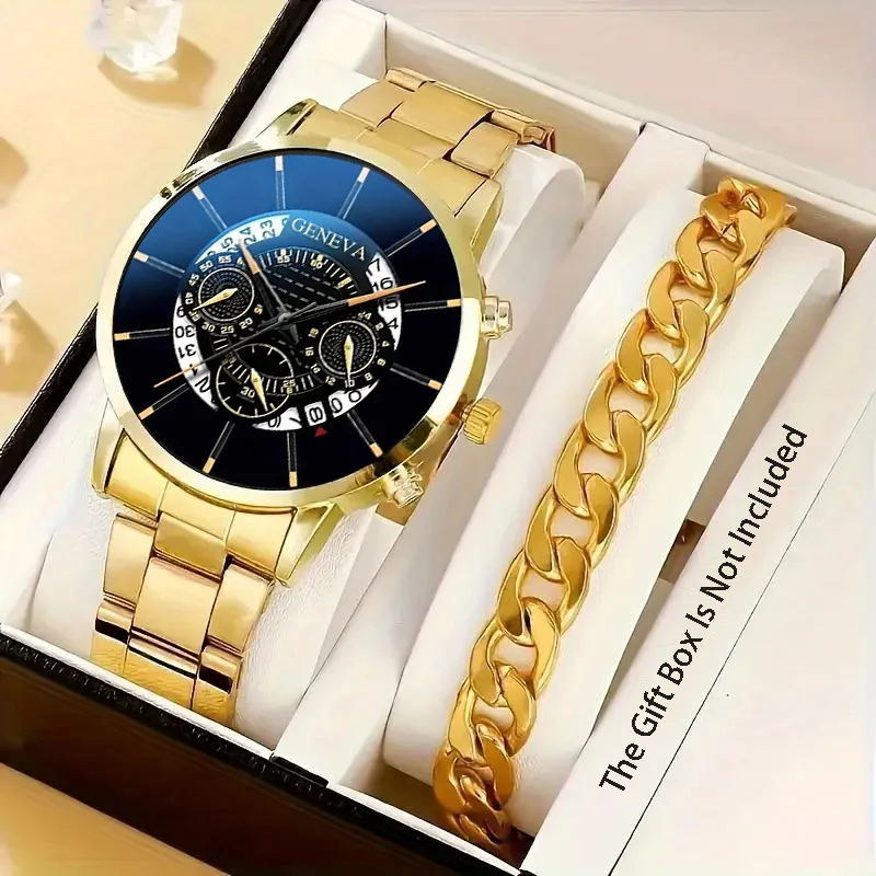 2pcs/set Men's Calendar Watch+matching Bracelet, Circular Digital Dial, Men's Watch Set (No Box)