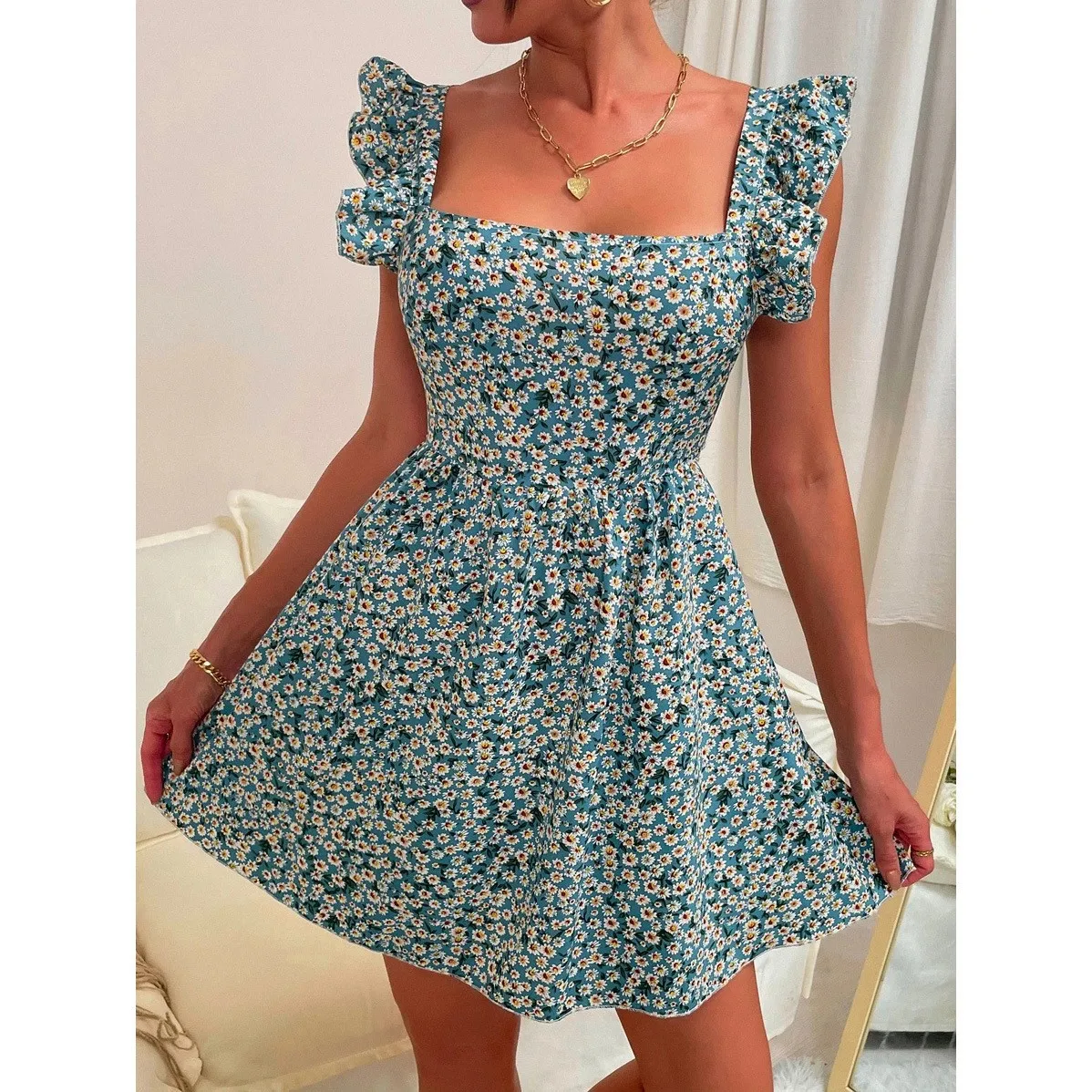 Casual boho floral impressão feminina verão sem mangas mini vestido de férias gola quadrada praia vestido de verão elegante festa vestidos curtos