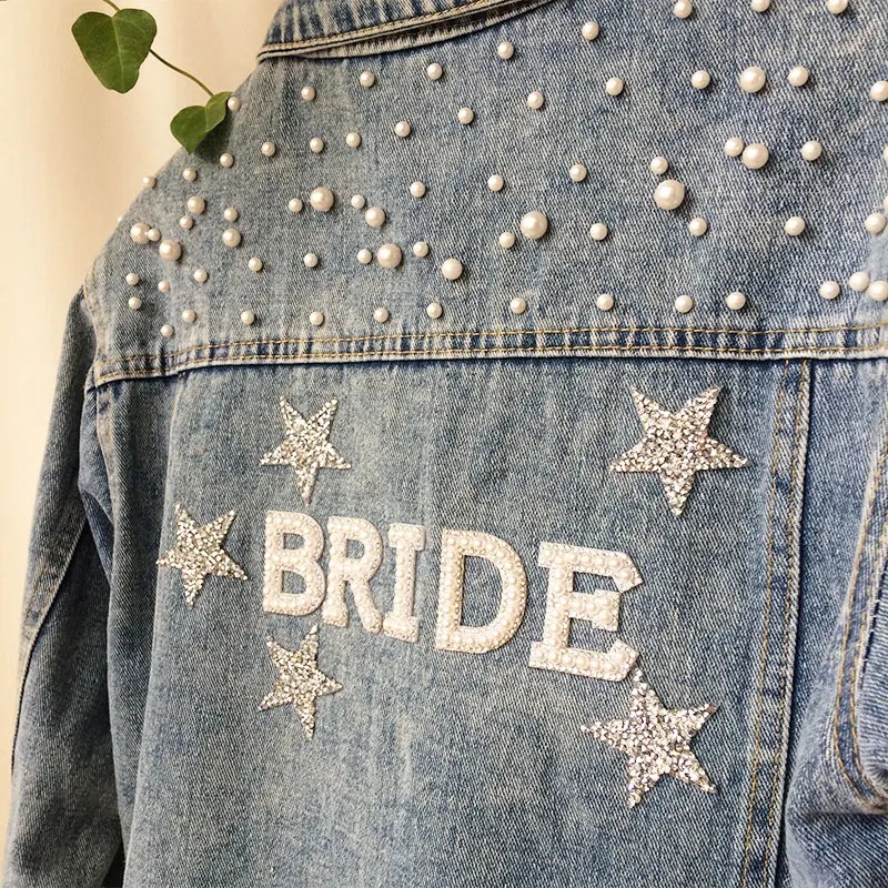 Strass Braut Perle Jeans jacke mit Sternen angepasst Wifey Jeans Jacke Hochzeits mantel Frau personal isierten Namen blauen Mantel