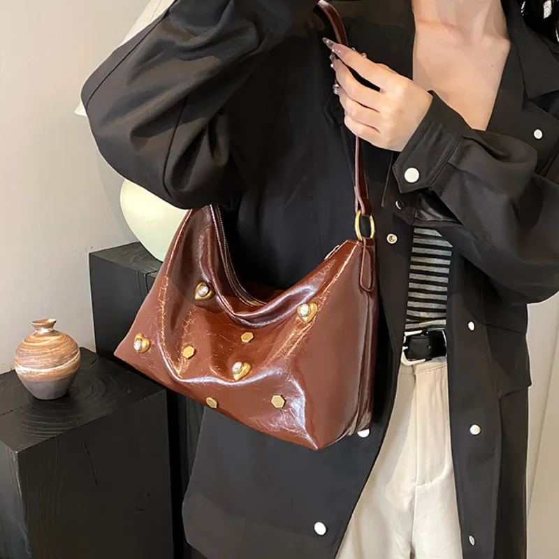 Fashion Vintage PU Leather Shoulder Bag For Women 2024 Y2K Winter New Tend Female Simple Underarm Hobo Bag Handbags