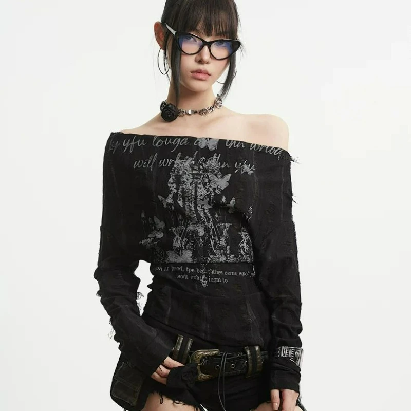 2026 Spring/Autumn New Fashion A Slimming Top with Straps Punk Design Pitted Apricot One-shoulder Long-sleeved T-shirt for Women