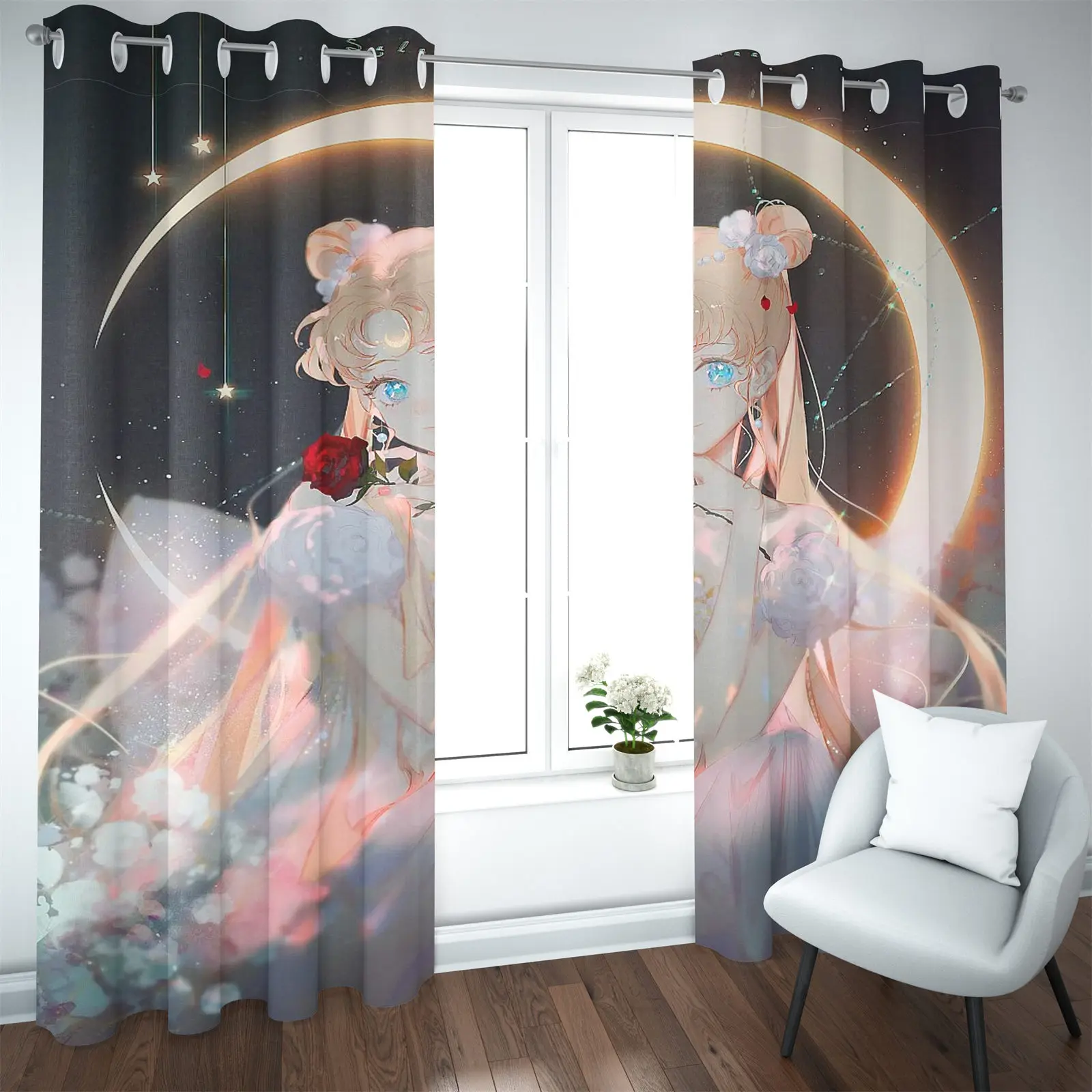 Sailor Moon 100% Polyester Blackout Curtains Living Room  Bedroom Kitchen Cartoon Cute Perforated Home Decor Anime