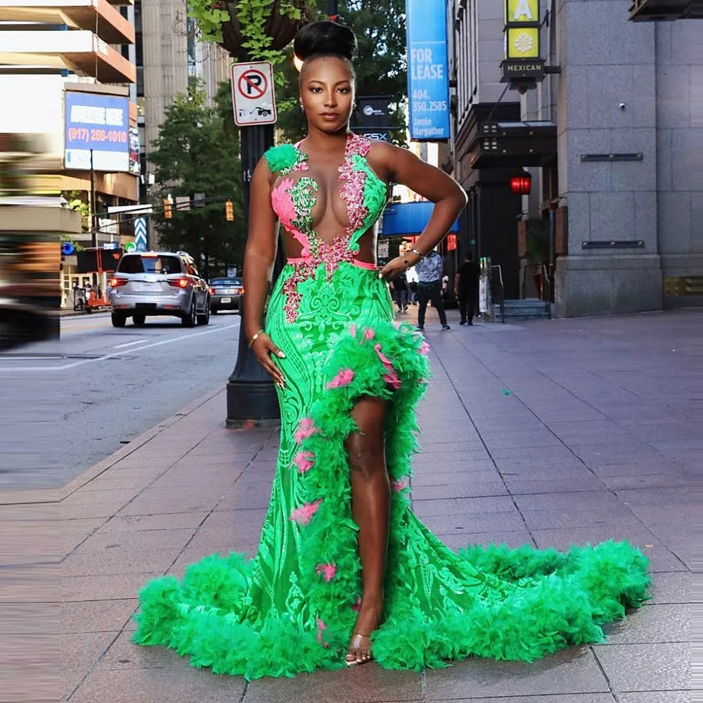 Aso Ebi Green Prom Dresses With Feathers Lace Appliques Sexy Illusion Mermaid Evening Party Dress African Women Party Gowns