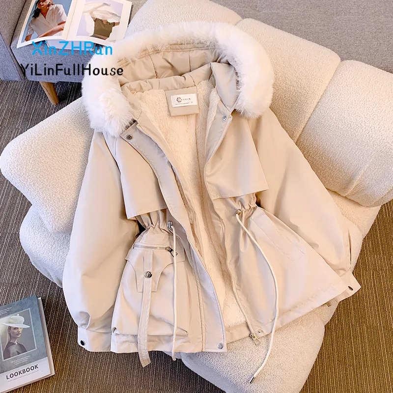 

Winter New Womens Zipper Pocket Waist Drawstring Simulation Wool Collar Hooded Cotton Coat Velvet Fur Combination Style Overcome