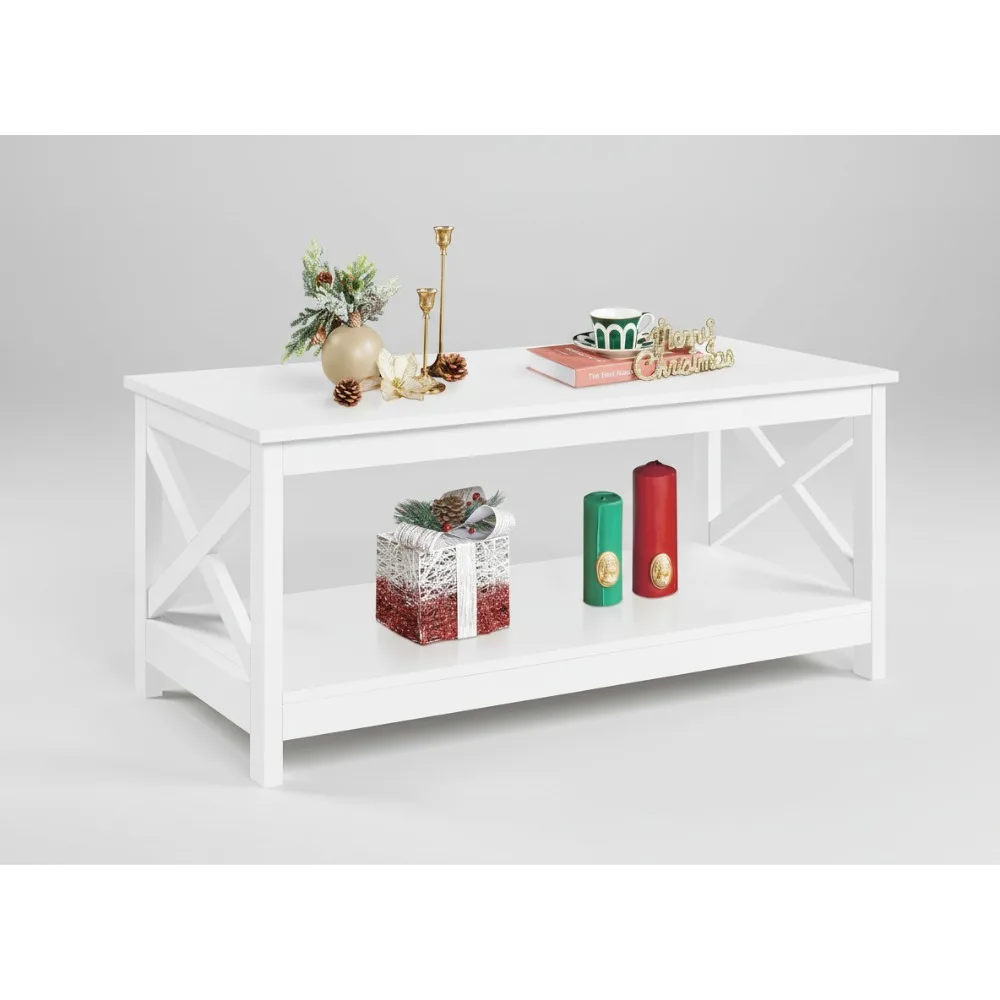 

Modern 2-Tier White Coffee Table with Storage Shelf, X-Design Living Room Furniture, Simple Style Home Decor