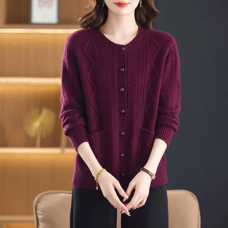 Vintage Women Autumn Cable Knit Cardigan Round Neck Loose Lazy Style Sweater With Pockets Versatile Outerwear