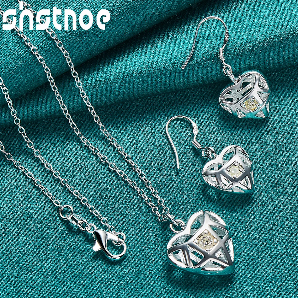 

925 Sterling Silver 2pcs/lot Jewelry Sets Zircon Hollow Heart Series Pendant Necklace Earring For Woman Bridal Wedding Birthday