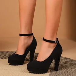 Black Super High Heels Pumps Women Ankle Buckle Stiletto Heels Platform Office Shoes Woman Sexy Round Toe Party Ladies Shoes