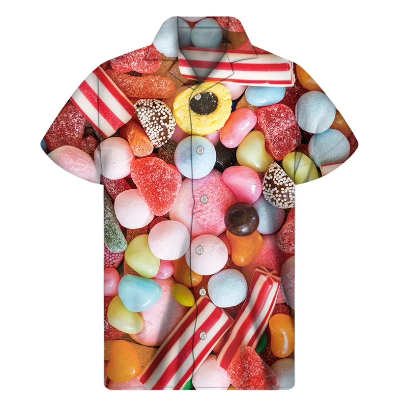 

Colorful Fudge Lollipop Shirt Men Clothes 3D Print Candy Hawaiian Shirts Women Summer Button Short Sleeve Lapel Aloha Blouse