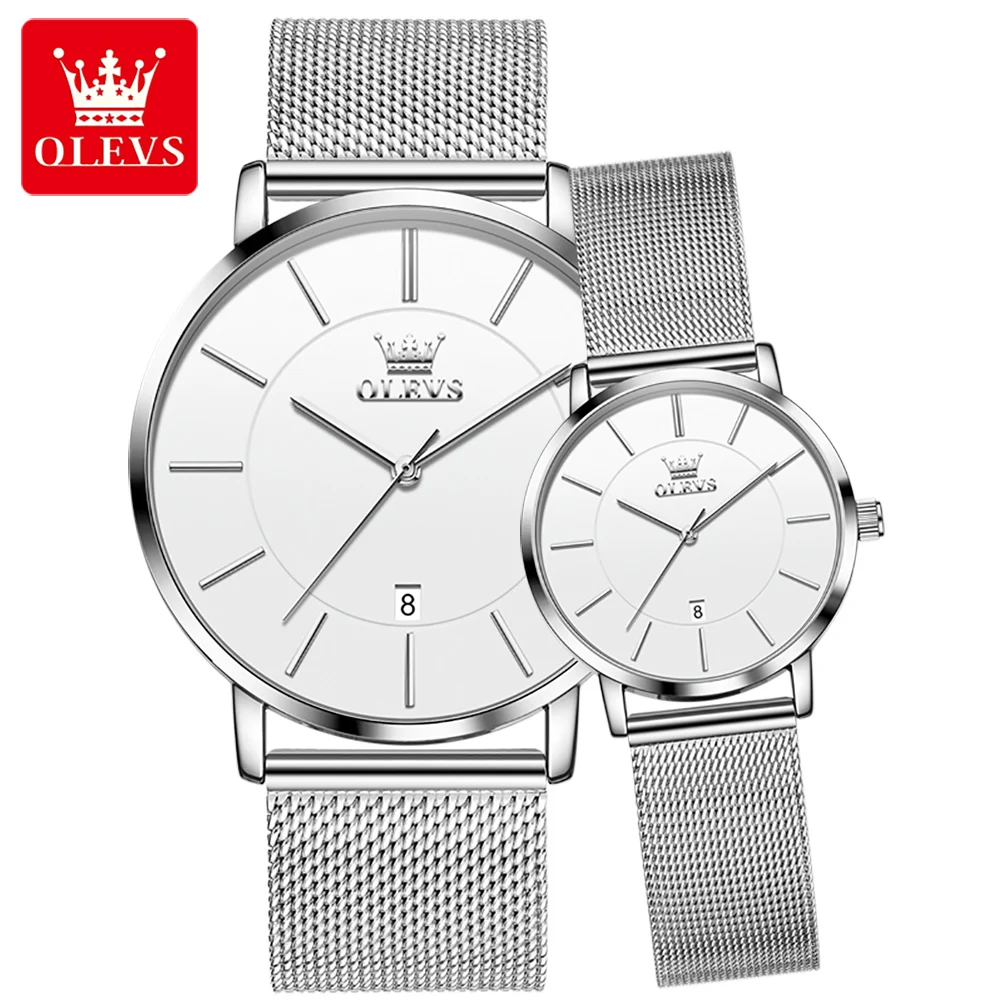 OLEVS Brand New Fashion Ultra-thin Quartz Couple Watches Stainless Steel Mesh Strap Auto Date Waterproof Watch for Men Women
