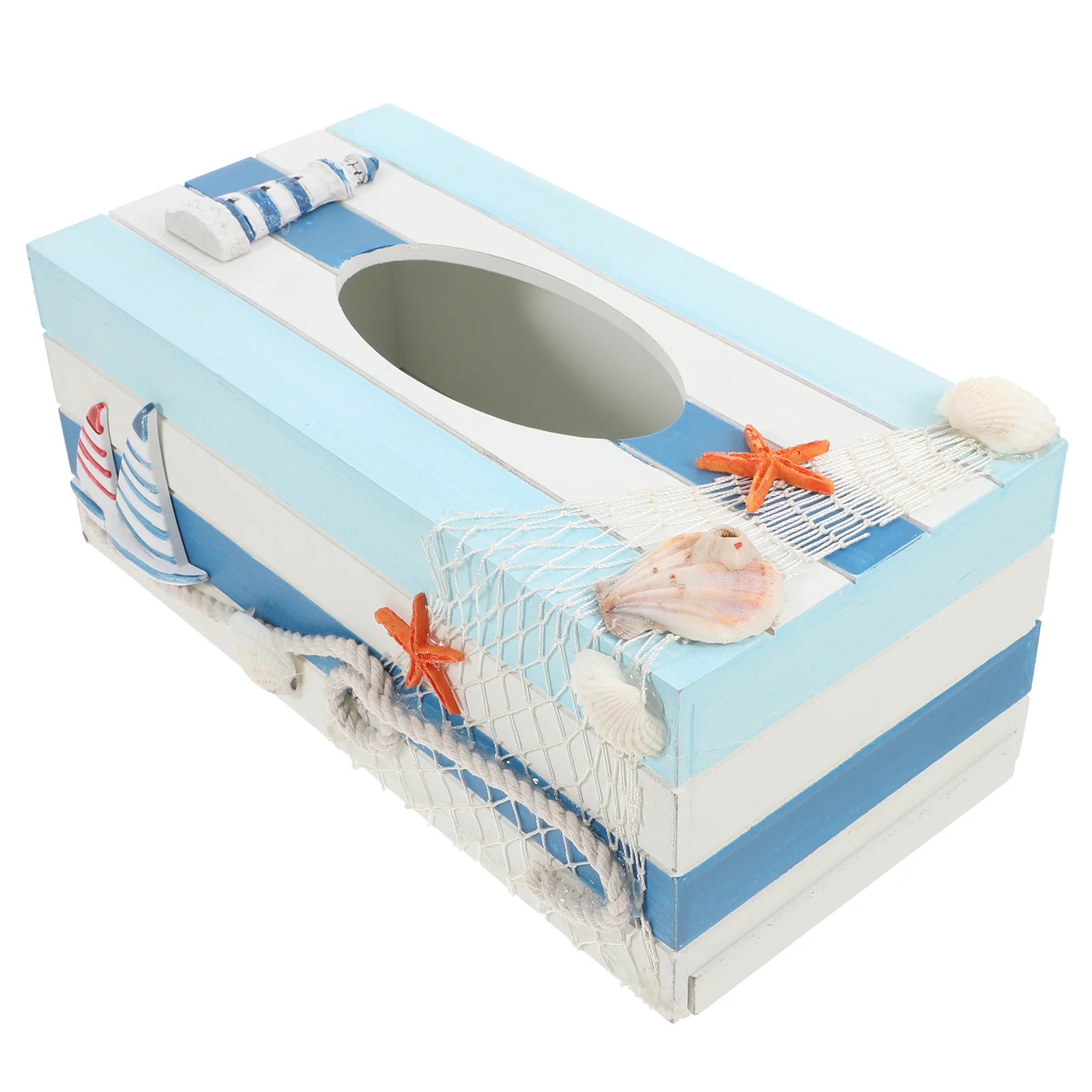 

1pc Mediterranean Decorative Tissue Box Wooden Storage Organizer For Home Office Hotel Desktop Use Streaked Lighthouse