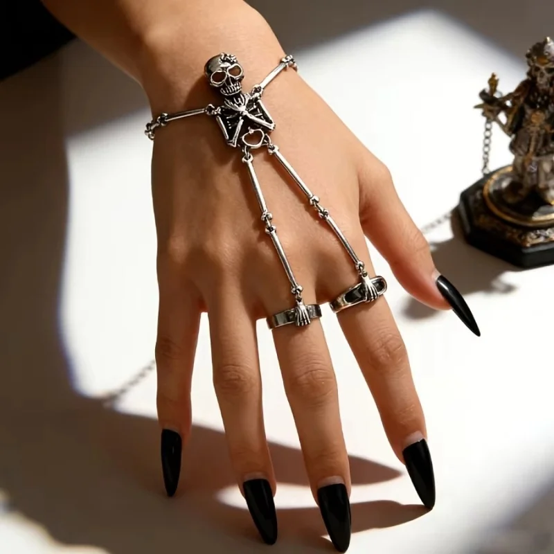 1 unidad Pulsera de Halloween con esqueletos y calaveras, estilo gótico vintage plateado, tipo arnés de mano con eslabones de hueso, pulsera esclava, joyería de muñeca punk rock