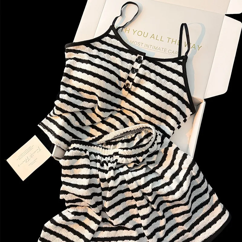 Pijama de Verano para Mujer, Estilo Juvenil, con Sujetador Acolchado, Conjunto de Una Pieza a Rayas con Pantalones Cortos, Ropa de Verano para Mujer