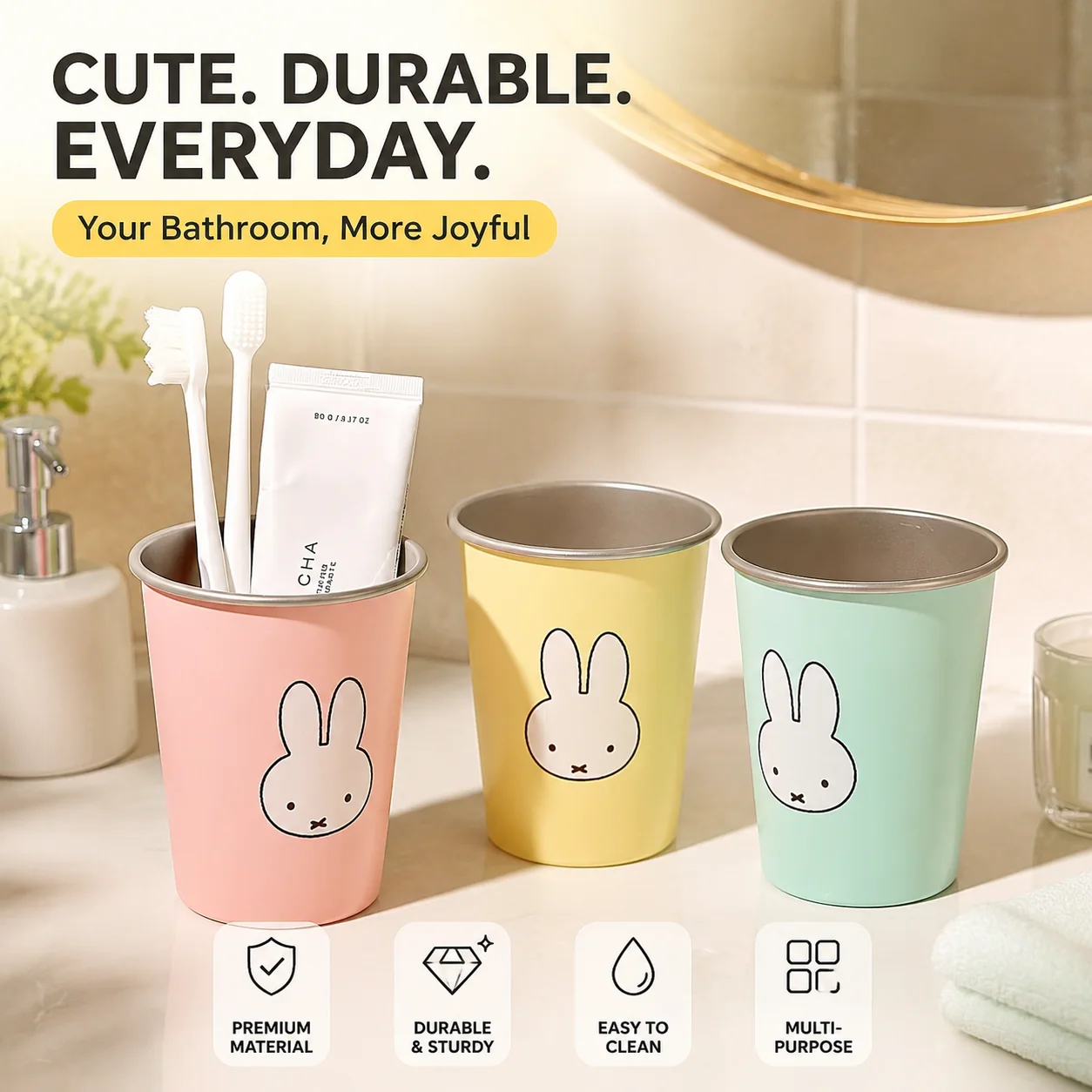 304 Stainless Steel Miffy Rabbit Toothbrush Cup Anti Mildew Mouth Rinse Cup For Student Dormitory Household Couple Wash Cup