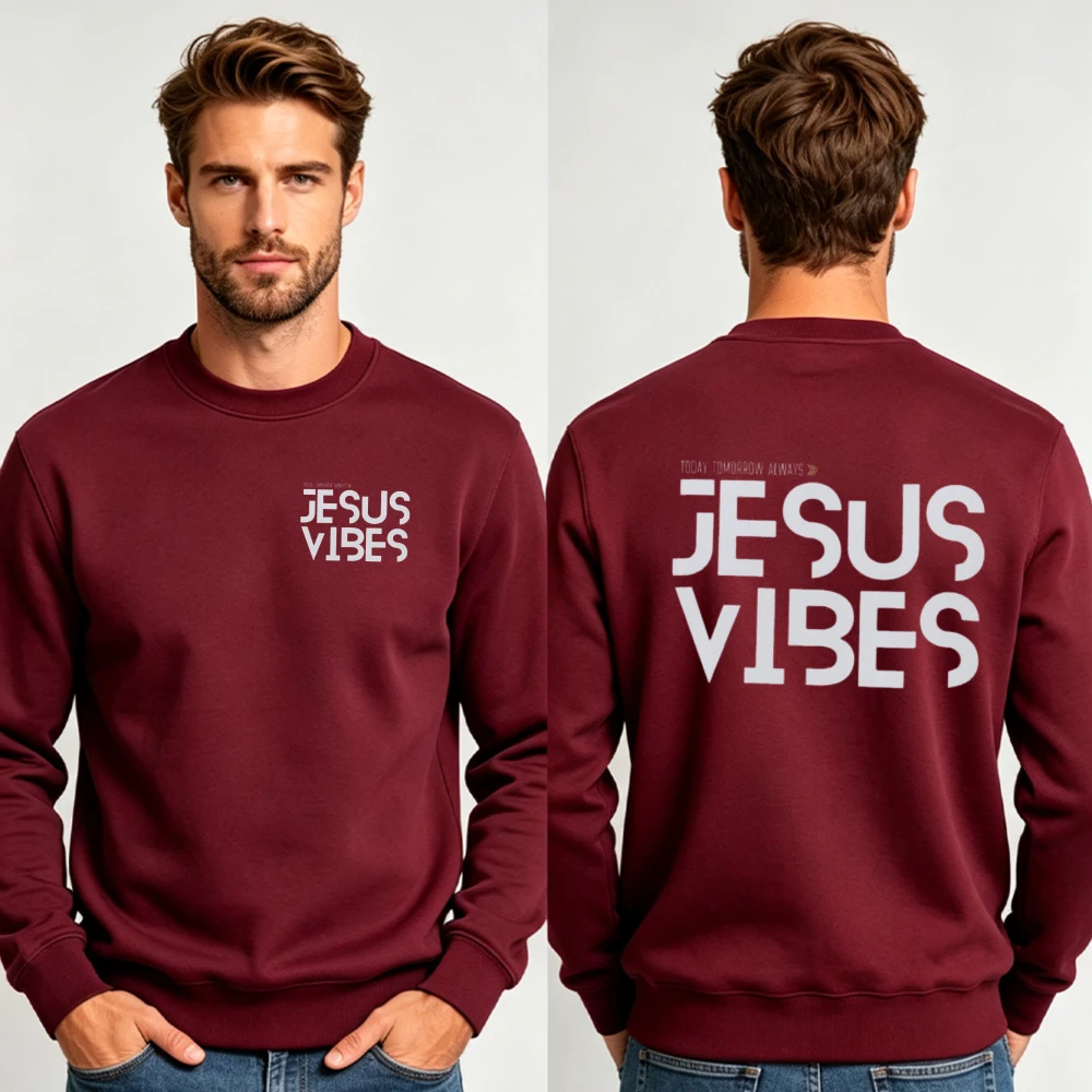 Men Jesus Vibes Letter Graphic Double Sided Crewneck Sweatshirt Minimal Christian Faith Streetwear Loose Long Sleeve Pullover