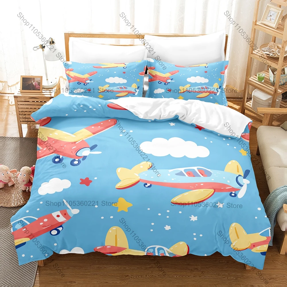 Cute Cartoon Airplane Printed 3PCS Bedding Set, Fun Aviation Design Duvet Cover & Pillow Shams for Bedroom Dorm Room Decoration