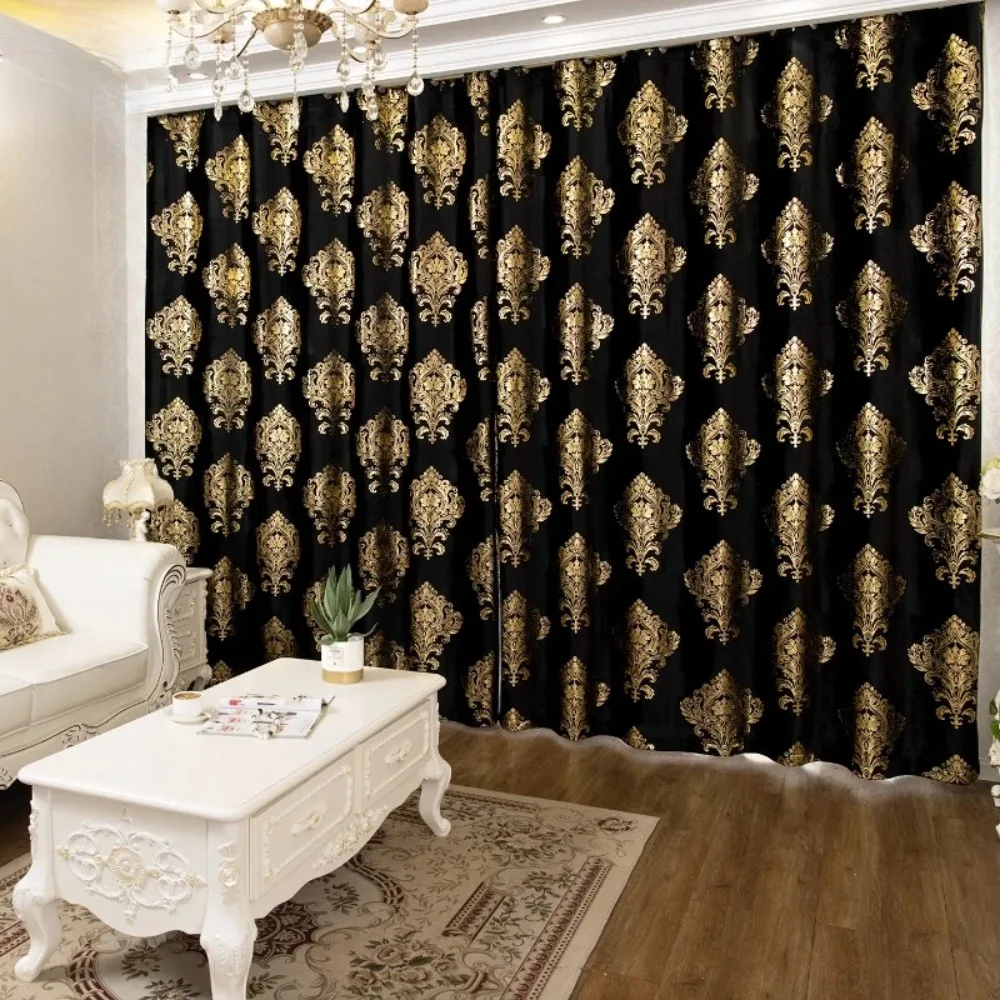 Luxury Custom Black Velvet Curtains for Living Room Bedroom European featuring Long Pile Gold Embossed Golden Flower Design